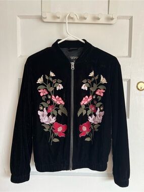 Topshop Black Velvet Bomber Jacket with Pink & Red Floral Embroidery